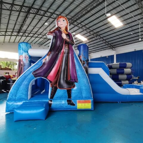 Frozen bounce house with an attached slide. Anna and Elsa